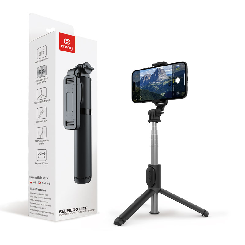 Crong SelfieGo Lite kompaktiška Bluetooth asmenukių lazda ir trikojis, juoda