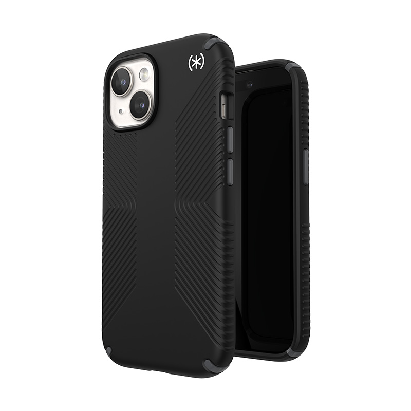 Speck Presidio2 Grip MagSafe dėklas, skirtas iPhone 17e / 16e / 15 / 14 / 13, juodas su skalūno pilkos spalvos detalėmis