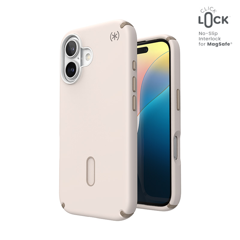 Speck Presidio2 Pro dėklas su MagSafe ir ClickLock, skirtas iPhone 16, „Bleached Bone/Heirloom Gold“