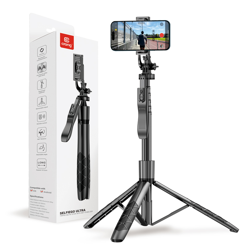 Crong SelfieGo Ultra aliumininė Bluetooth asmenukių lazda ir trikojis, juoda