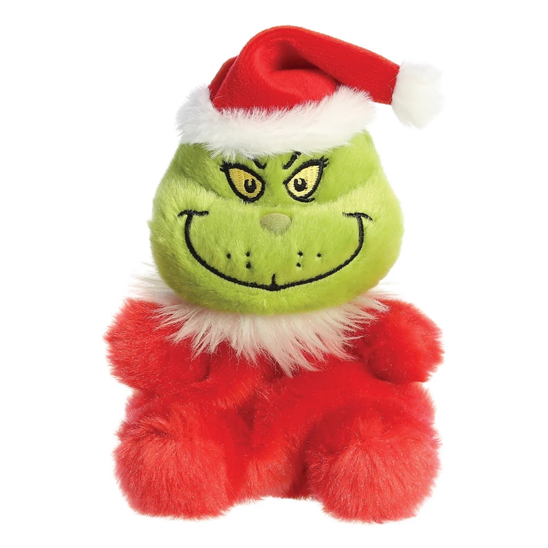 Grinch Palm Pals ekologiškas sėdintis pliušinis žaislas su Kalėdų Senelio kostiumu, 13 cm
