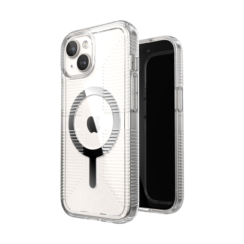 Speck GemShell Grip MagSafe dėklas, skirtas iPhone 17e / 16e / 15 / 14 / 13, skaidrus, chromo apdaila