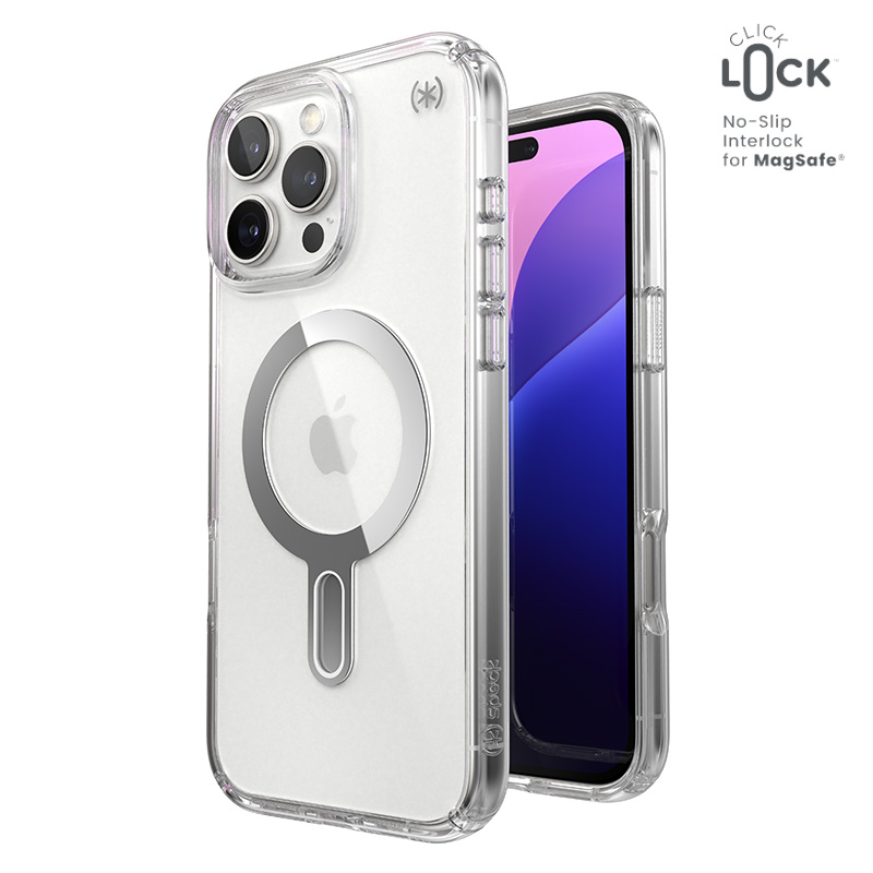 Speck Presidio Perfect-Clear dėklas su MagSafe ir ClickLock, skirtas iPhone 16 Pro Max, „Clear/Chrome“