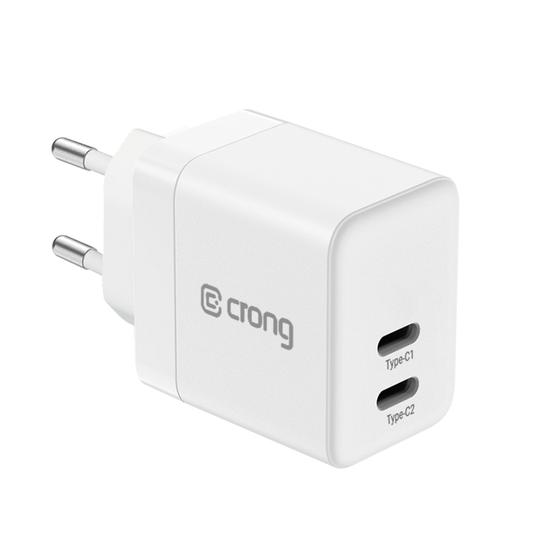 Crong Ultra Compact GaN sieninis įkroviklis, 2 × USB-C, 35 W, PD 3.0, PPS, baltas