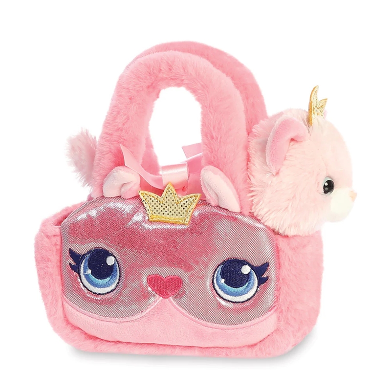 Fancy Pals ekologiškas pliušinis katytės princesės žaislas su auksine karūna rožiniame krepšelyje, 20 cm