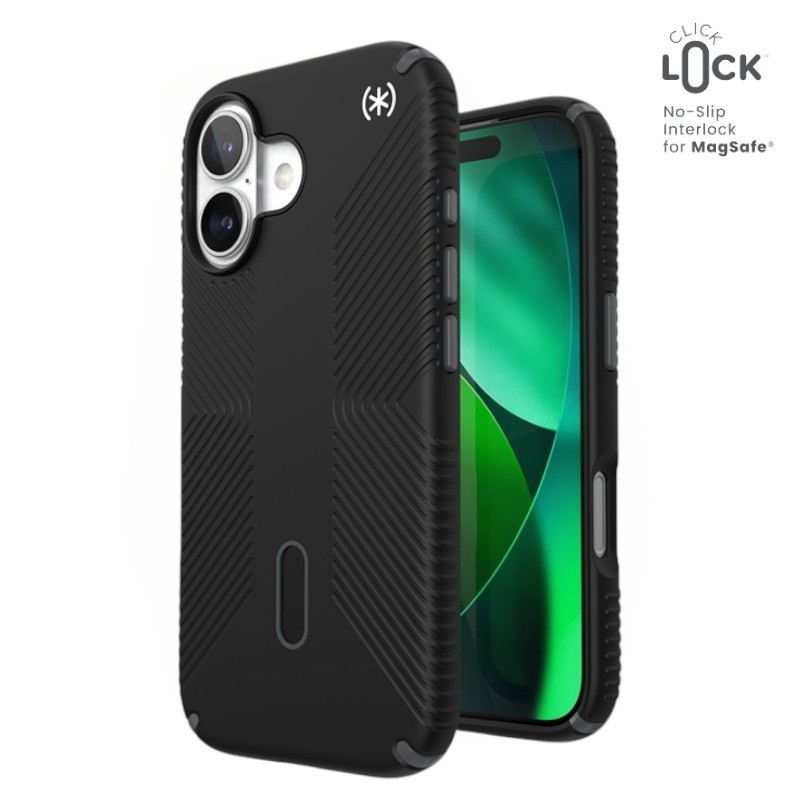 Speck Presidio2 Grip ClickLock & MagSafe dėklas, skirtas iPhone 17, „Black / Slate Gray / White“ spalvos
