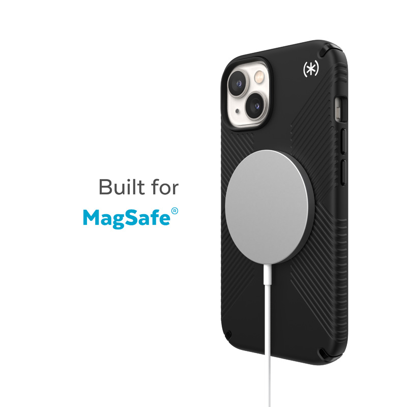 Speck Presidio2 Grip MagSafe dėklas, skirtas iPhone 14 Plus, neslystantis, „Black / Black / White“ spalvų derinys
