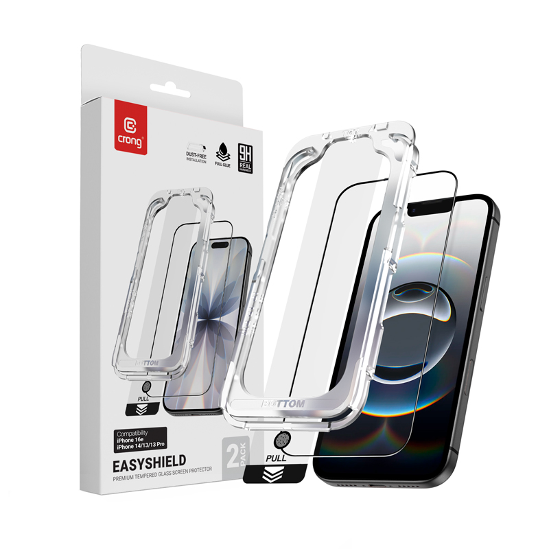 Crong EasyShield 2-Pack grūdinti apsauginiai ekrano stiklai, skirti iPhone 17e / 16e / 14 / 13 / 13 Pro, 2 vnt.
