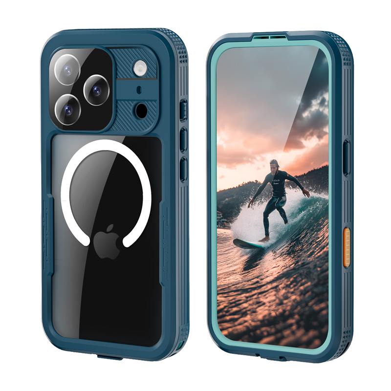Crong Seal Cover vandeniui atsparus IP68 dėklas, skirtas iPhone 17 Pro, jūrinis mėlynas
