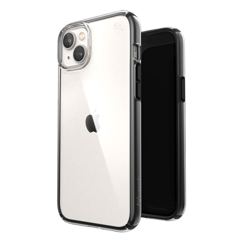 Speck Presidio Perfect-Clear with Impact Geometry case for iPhone 15 Plus / 14 Plus, with Microban antimicrobial protection, Clear / Black