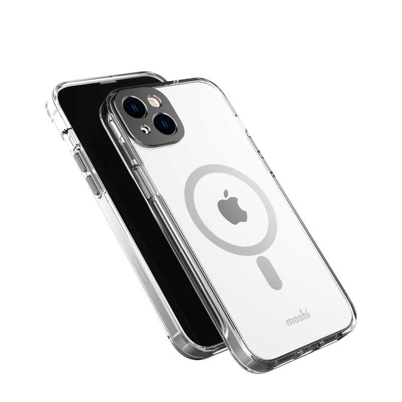 Moshi iGlaze dėklas, skirtas iPhone 14 Plus, suderinamas su MagSafe, skaidrus su „Meteorite Gray“ spalvos detalėmis