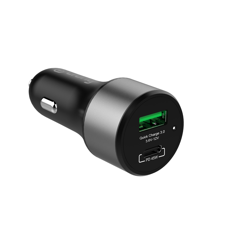 Crong Power 63 W automobilinis įkroviklis su USB-C PD 45 W ir USB-A QC 3.0 18 W jungtimis, juodas
