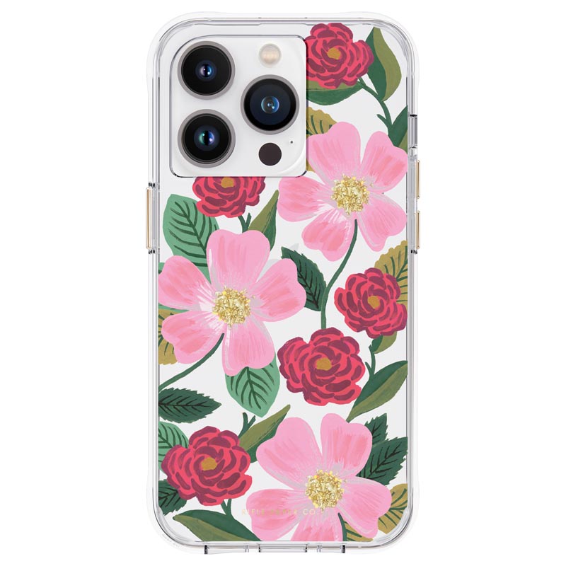 Rifle Paper Clear dėklas, skirtas iPhone 14 Pro, su aukso spalvos dekoru, „Rose Garden“ rašto