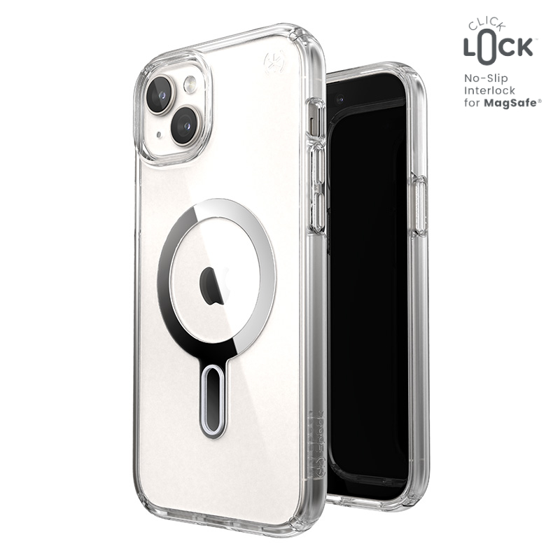 Speck Presidio Perfect-Clear MagSafe dėklas su ClickLock, skirtas iPhone 15 Plus / 14 Plus, skaidrus su chromo spalvos žiedu