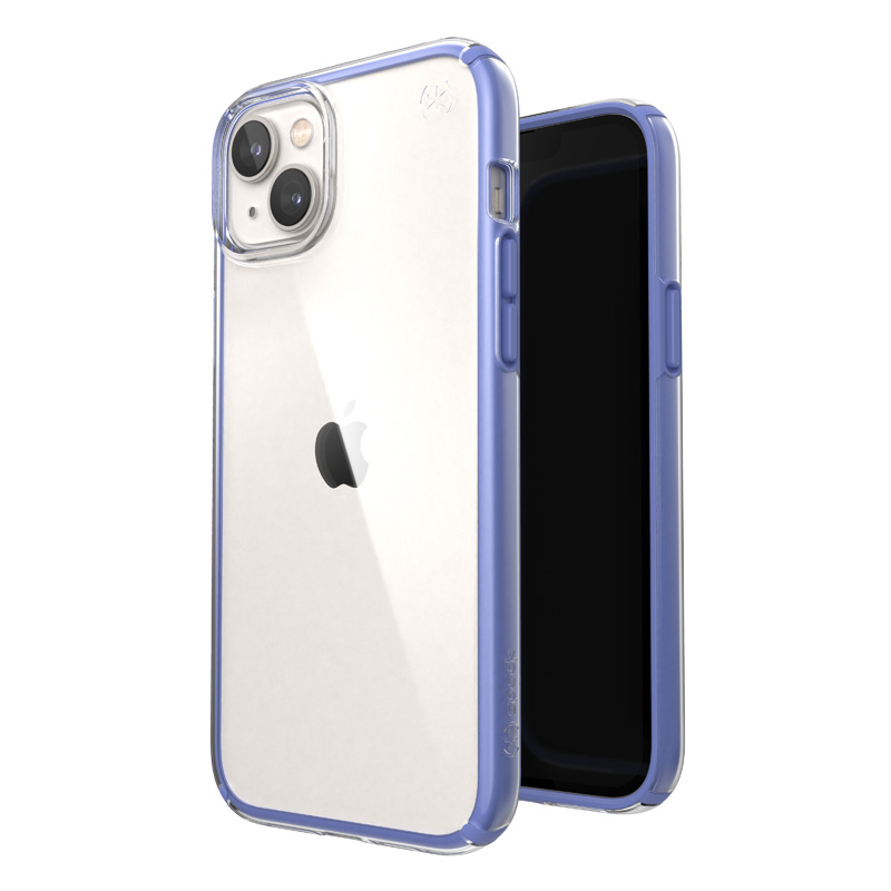 Speck Presidio Perfect-Clear with Impact Geometry case for iPhone 15 Plus / 14 Plus, with Microban antimicrobial protection, Clear / Grounded Purple