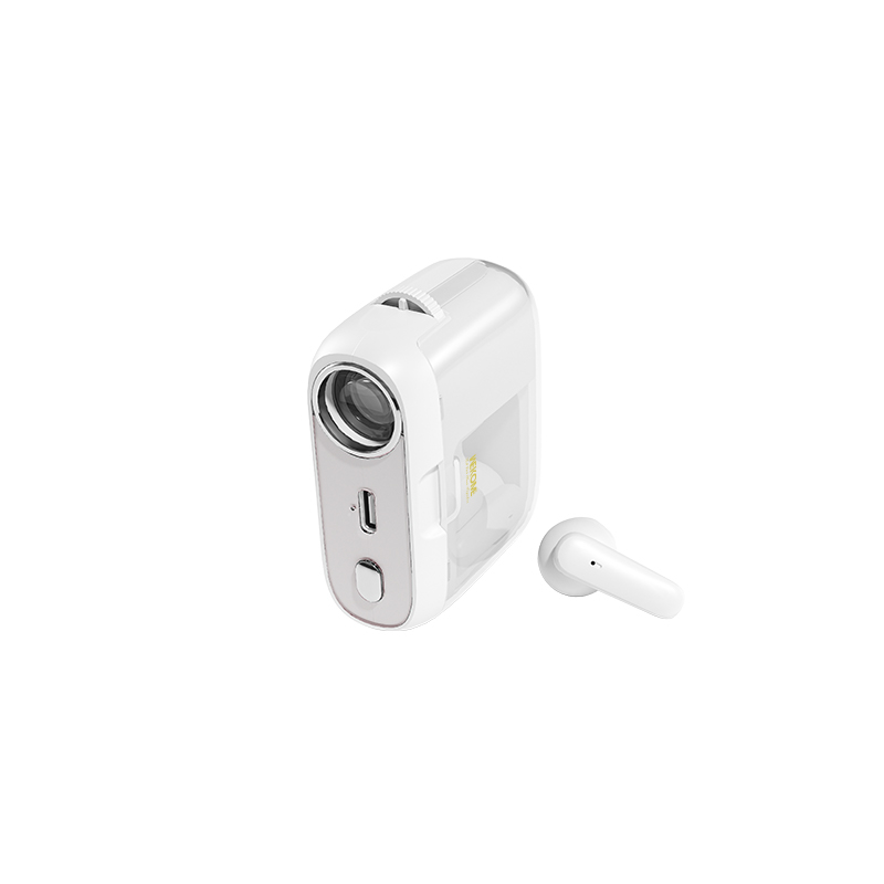 WEKOME S28 Pop Digital Series Bluetooth 5.3 TWS belaidės ausinės su įkrovimo dėkle įrengtu projektoriumi ir 5 projektoriaus skaidrėmis, baltos