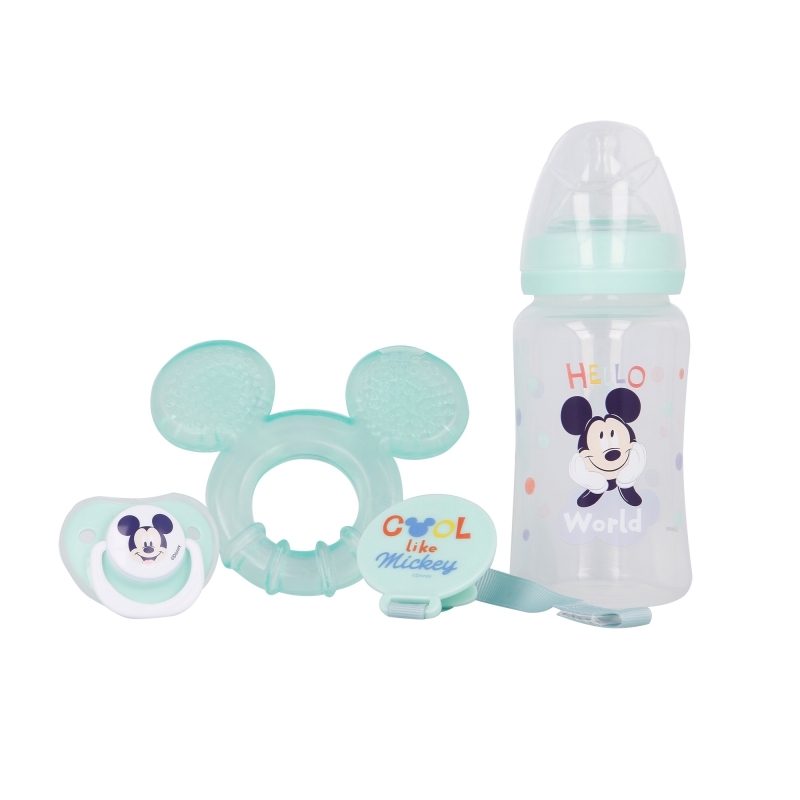 Mickey Mouse Cool kūdikio rinkinys: 240 ml buteliukas su žinduku, anatominis čiulptukas, kramtukas ir čiulptuko laikiklis