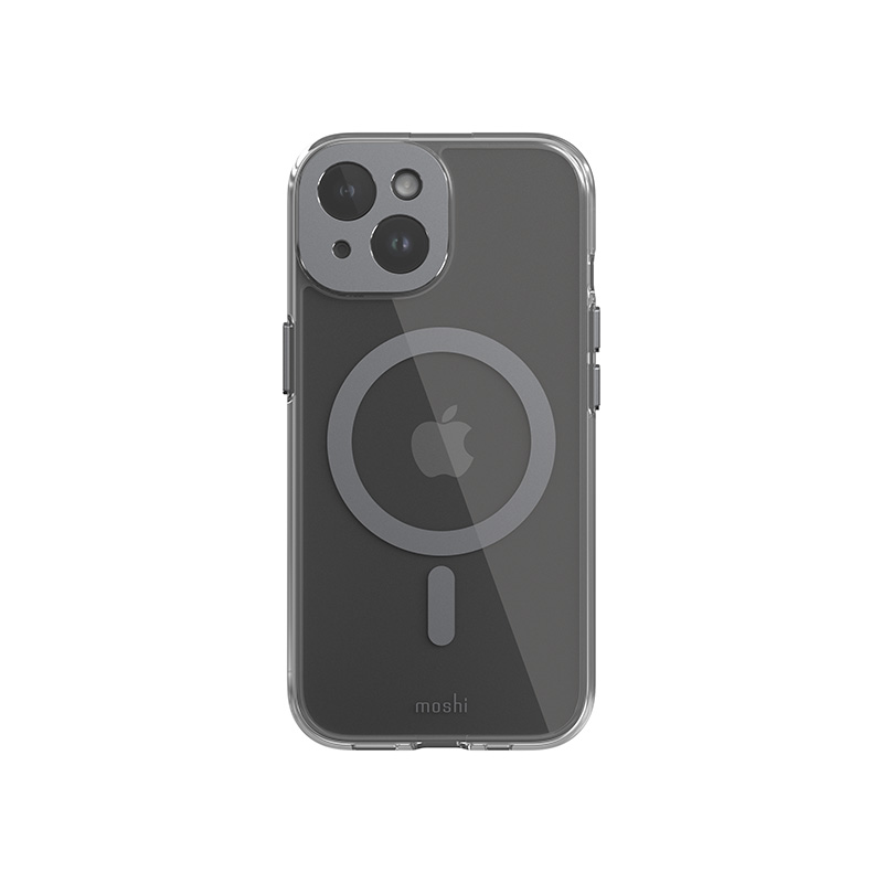 Moshi iGlaze MagSafe dėklas, skirtas iPhone 15, skaidrus su „Meteorite Gray“ spalvos detalėmis