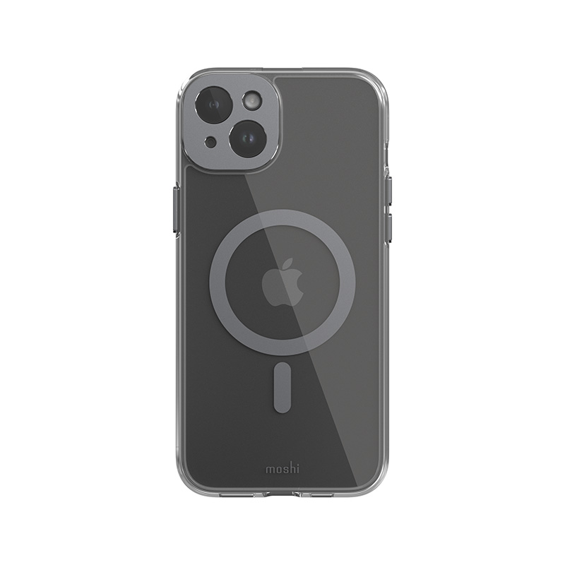 Moshi iGlaze MagSafe dėklas, skirtas iPhone 15 Plus, skaidrus su „Meteorite Gray“ spalvos detalėmis
