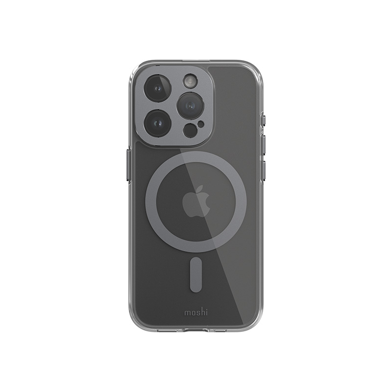 Moshi iGlaze MagSafe dėklas, skirtas iPhone 15 Pro, skaidrus su „Meteorite Gray“ spalvos detalėmis