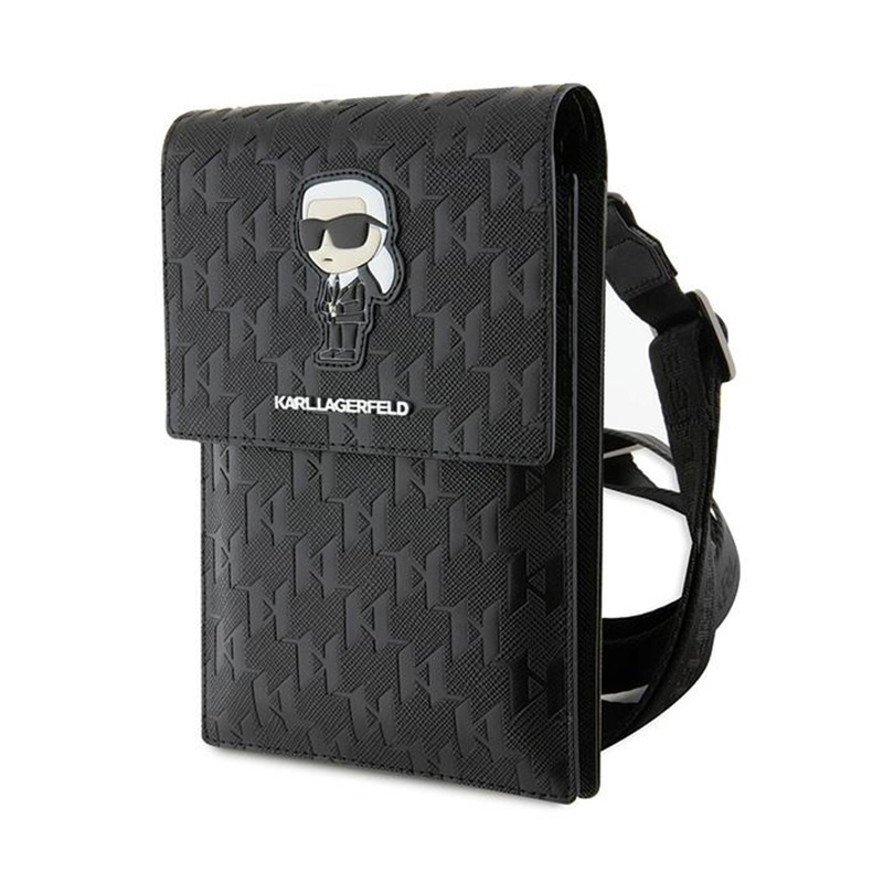 Karl Lagerfeld Saffiano Monogram Ikonik rankinė telefonui per petį, juoda