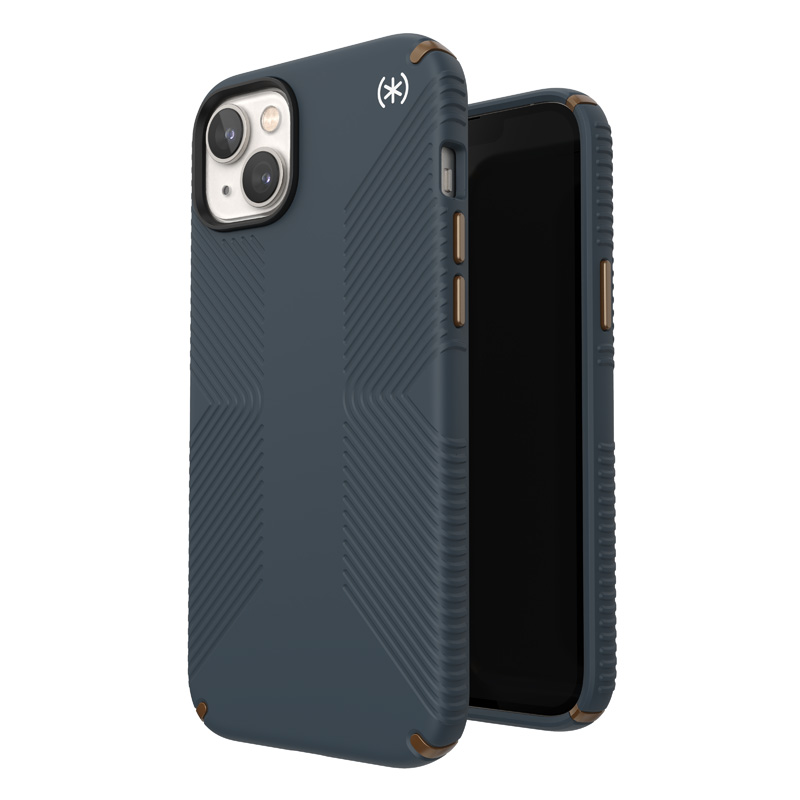 Чехол Speck Presidio2 Grip для iPhone 15 Plus / 14 Plus, с нескользящим покрытием, цветовая комбинация «Charcoal / Cool Bronze / Slate»
