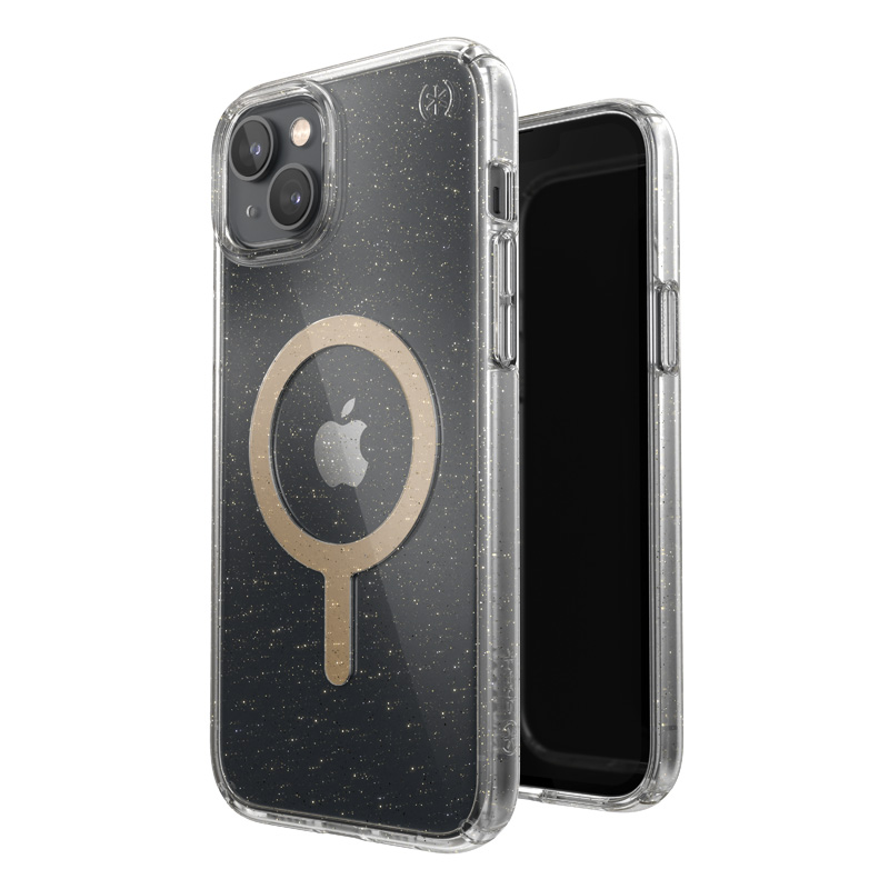 Speck Presidio Perfect-Clear with Glitter + MagSafe case for iPhone 15 Plus / 14 Plus, with Microban antimicrobial protection, Clear / Gold Glitter