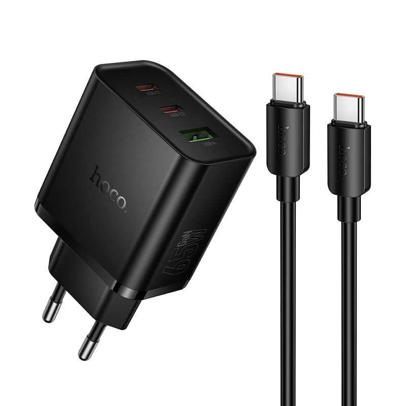 telefono įkroviklis Hoco 2x USB C + USB A QC3.0 PD 3A 65W + duomenų laidas USB C to USB C N75 juodas