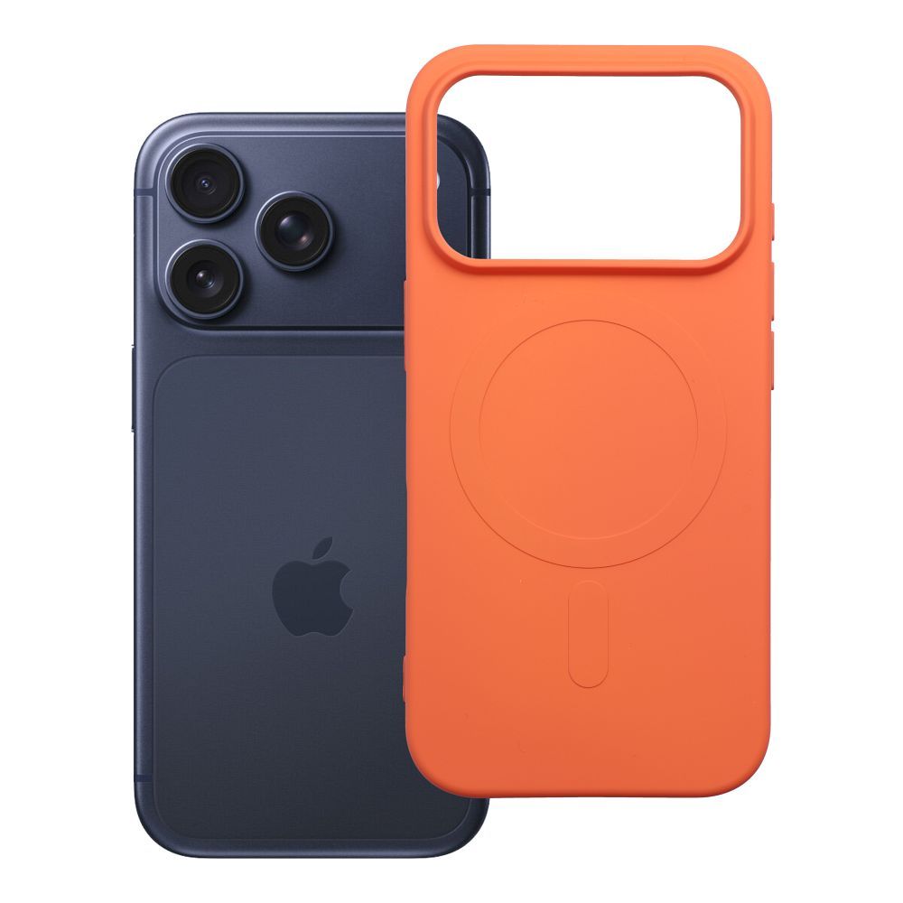 Silikoninis „Mag Cover“ dėklas, skirtas „iPhone 17 Pro / 18 Pro“, suderinamas su „MagSafe“, su didele kameros išpjova – oranžinis