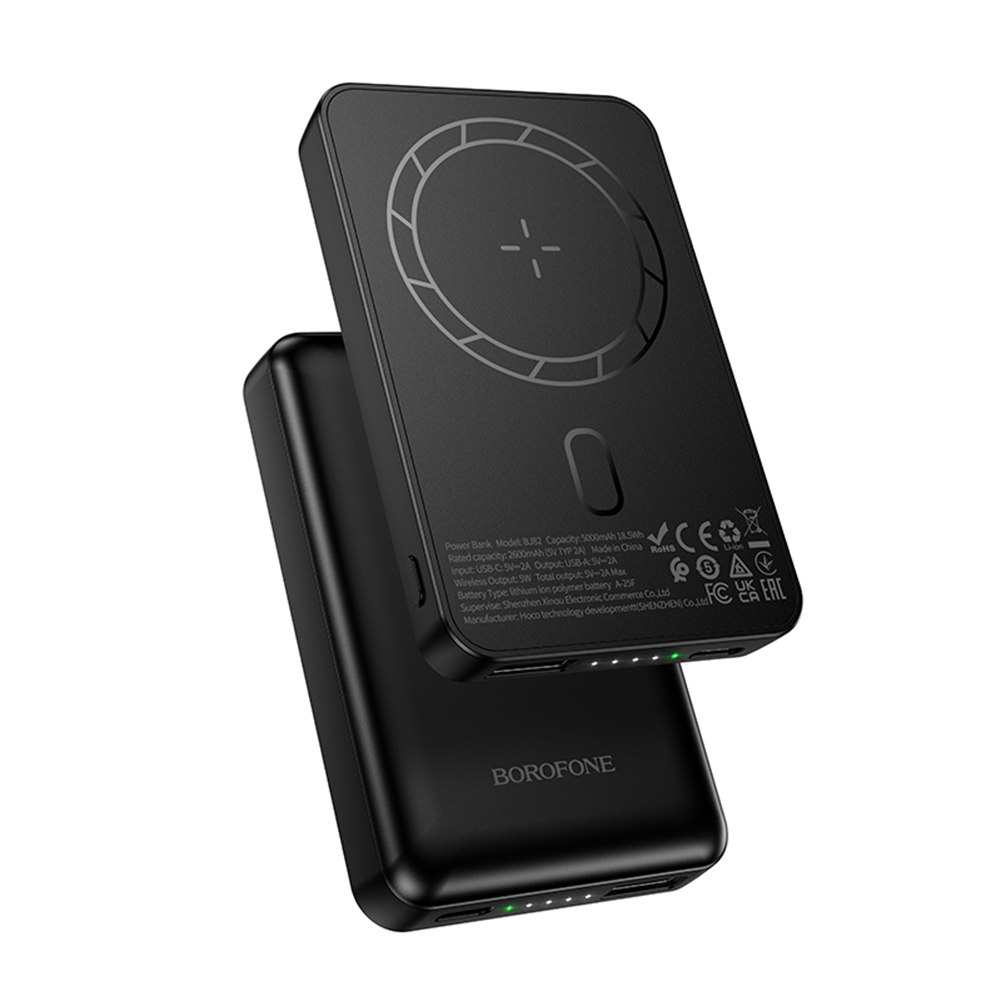 Borofone 5000mAh išorinė baterija BJ82 Dawn – USB – magnetinė, su indukciniu įkrovimu, juoda