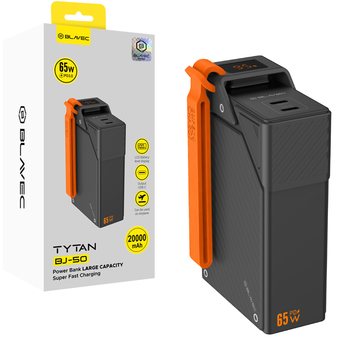 Blavec BJ-50 Tytan išorinė baterija, 20 000 mAh, 65 W, 2× USB-C (PBBJ50A), juoda