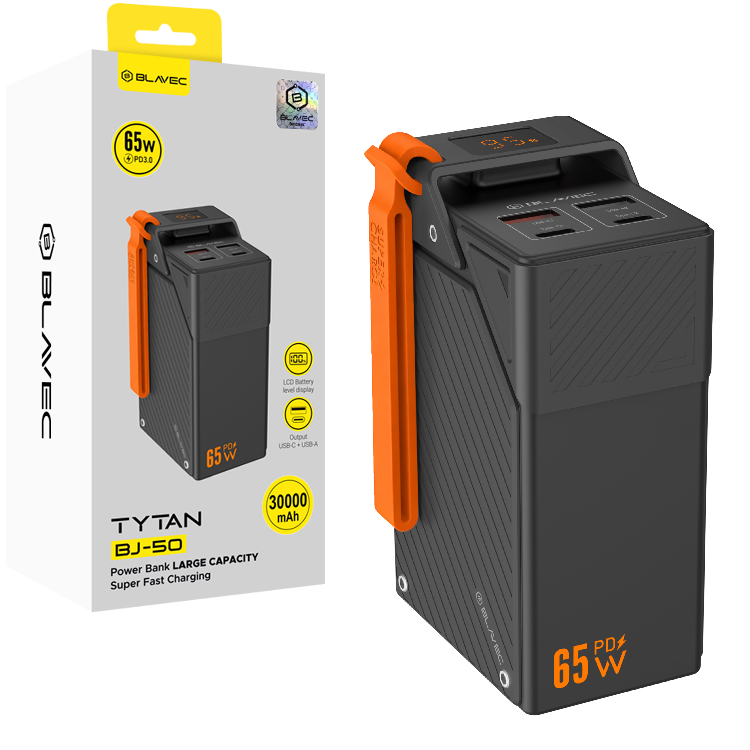 Blavec BJ-50 Tytan išorinė baterija, 30 000 mAh, 65 W, 2× USB-C + 2× USB-A (PBBJ50B), juoda
