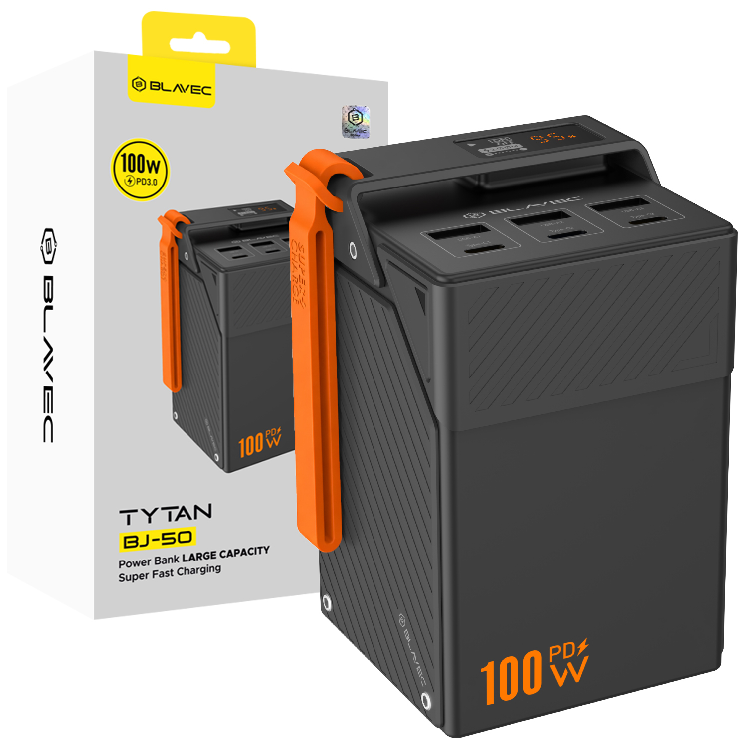 Blavec BJ-50 Tytan išorinė baterija, 50 000 mAh, 100 W, 3× USB-C + 3× USB-A (PBBJ50C), juoda