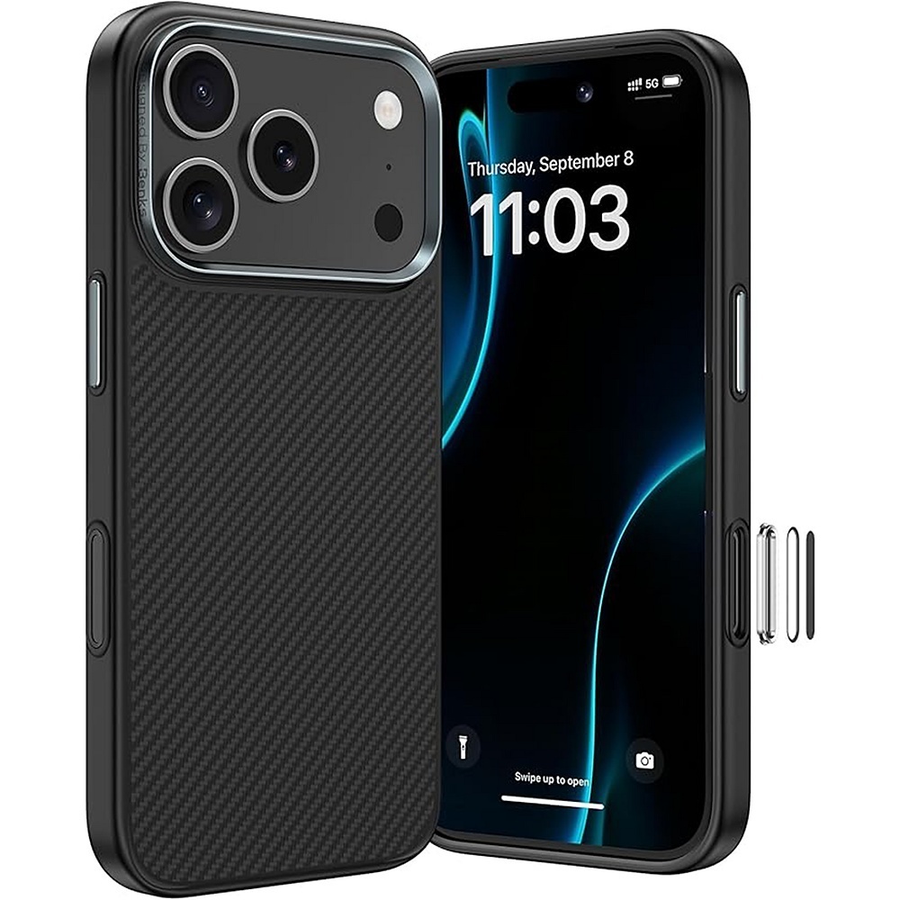 Benks Magnetic Armor Pro 600D kevlaro dėklas su metaliniu rėmeliu (C.K.FL.AP.BK.BA72), skirtas iPhone 18 Pro / 17 Pro, juodas