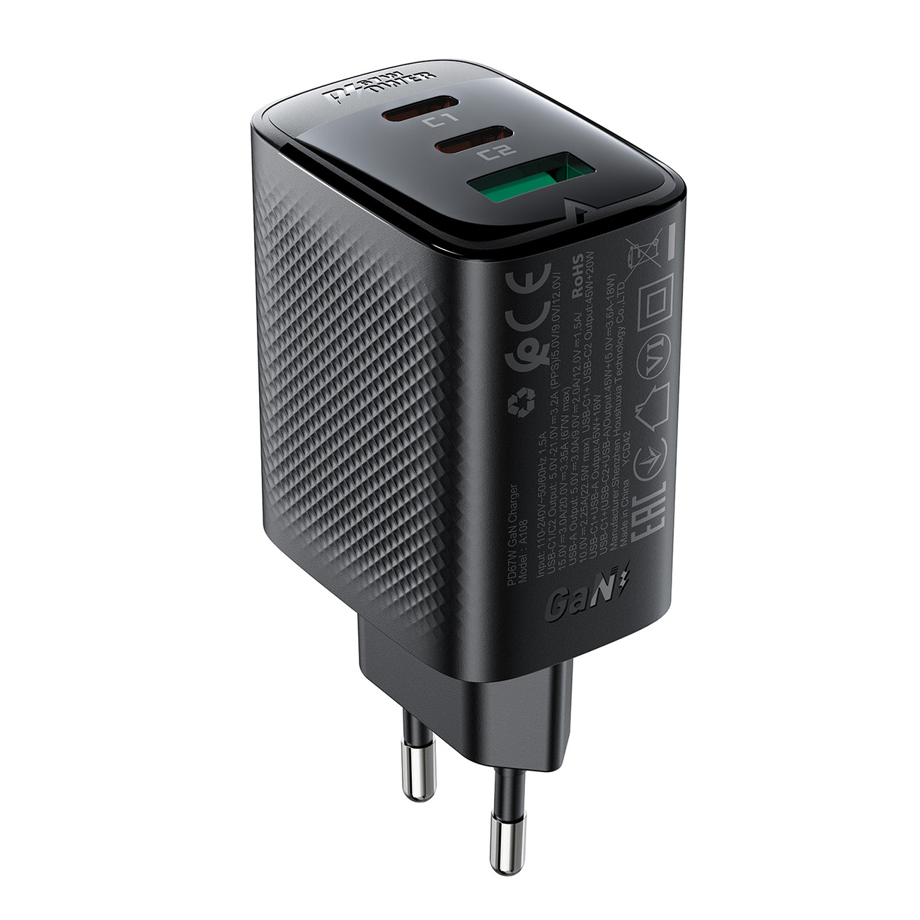 Acefast A108 GaN PD sieninis įkroviklis, 67 W, 2 × USB-C, 1 × USB-A, juodas