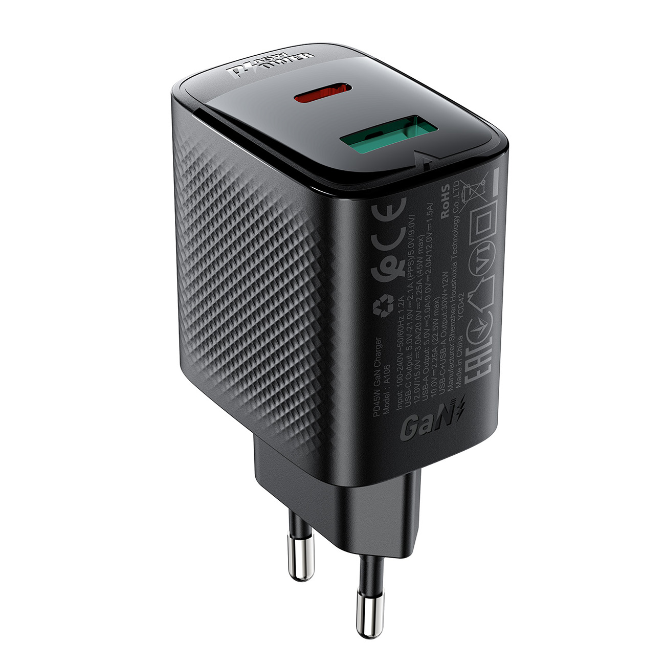 Acefast A106 GaN PD sieninis įkroviklis, 45 W, USB-C, USB-A, juodas