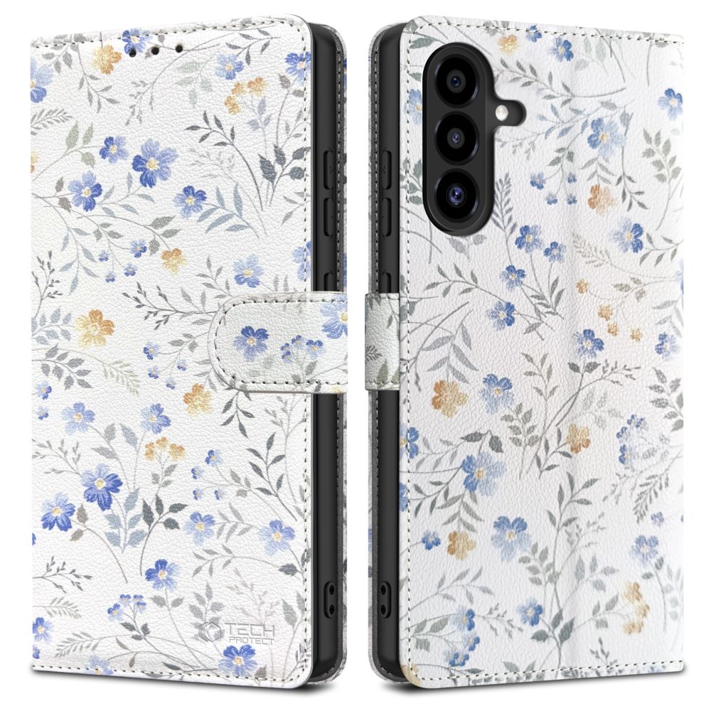 Tech-Protect piniginės tipo dėklas telefonui Samsung Galaxy A26 5G / A17 4G / 5G - su ramunėmis ir lapais
