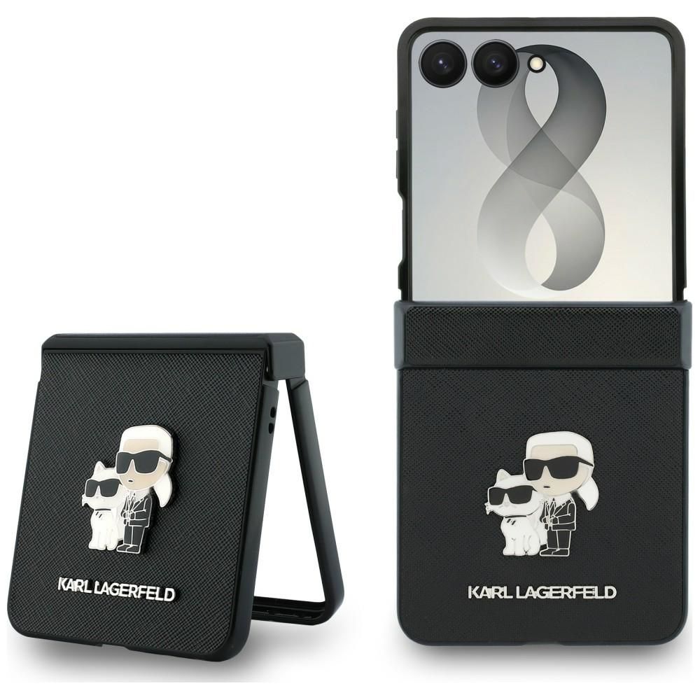 Juodas „Karl Lagerfeld Saffiano Karl & Choupette Pin“ dėklas, skirtas „Samsung Galaxy Z Flip8“