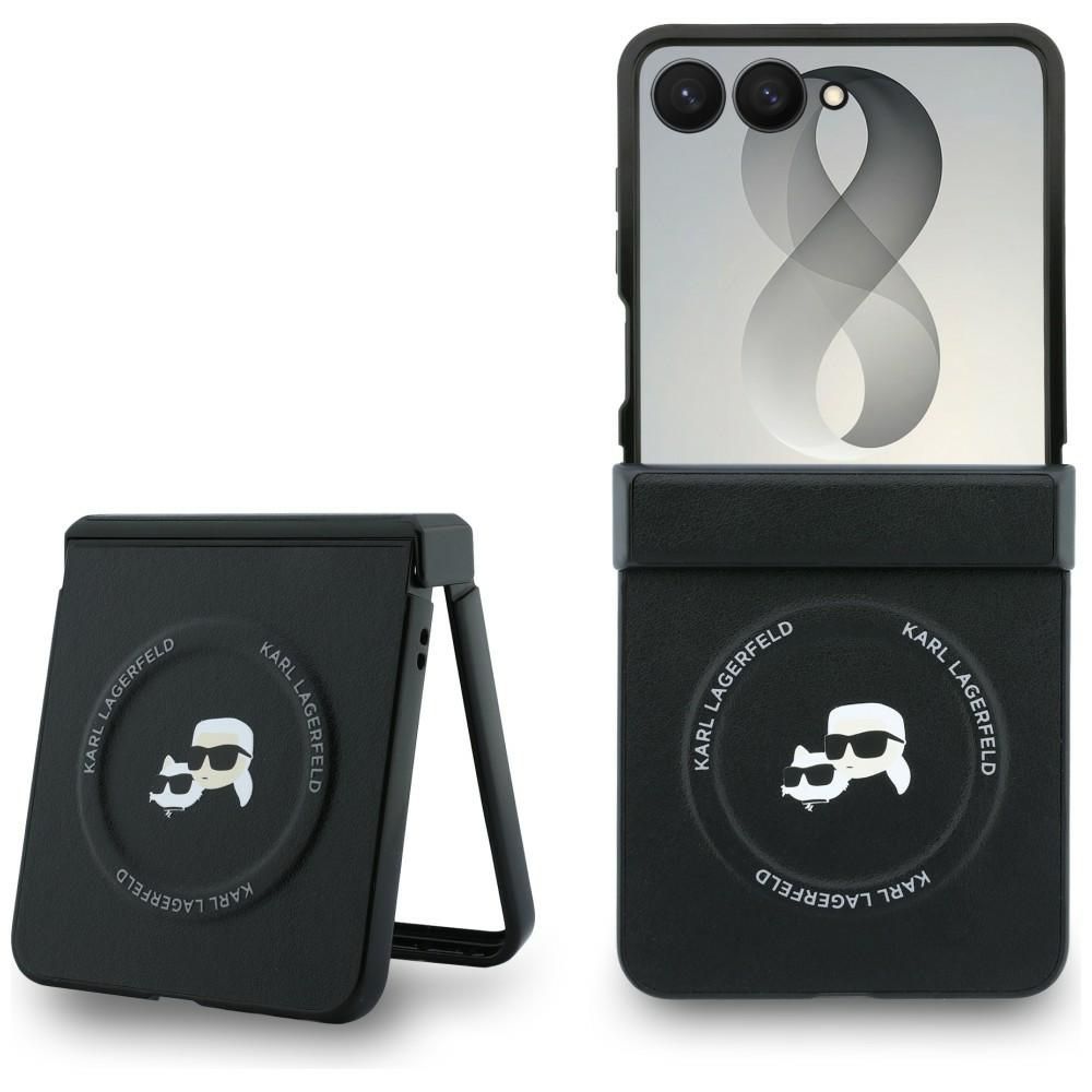 Juodas „Karl Lagerfeld Karl & Choupette Pins MagSafe“ dėklas, skirtas „Samsung Galaxy Z Flip8“