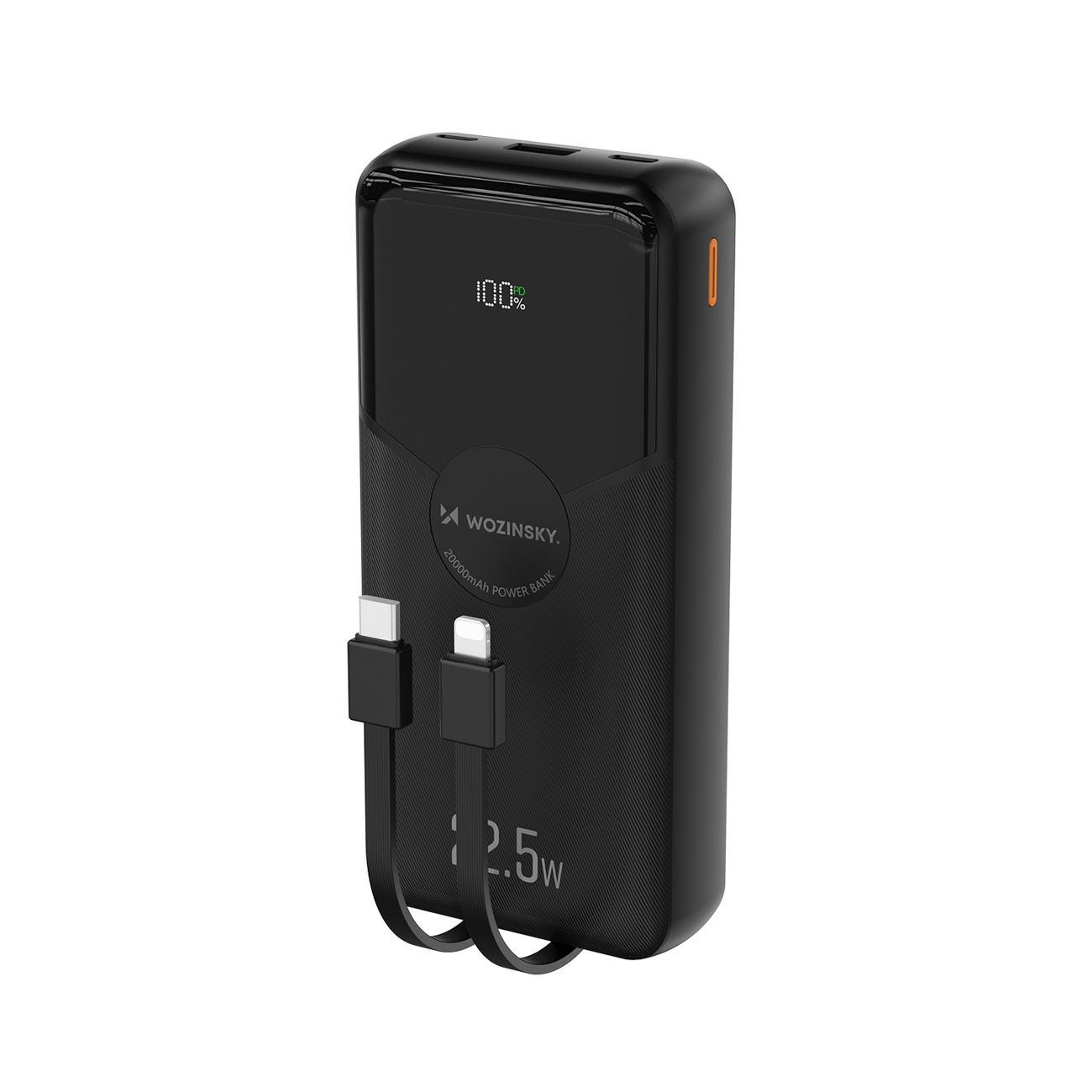 Wozinsky WFC-15B 20000mAh 22.5W išorinė baterija, PD20W, integruoti Lightning ir USB-C laidai, juoda