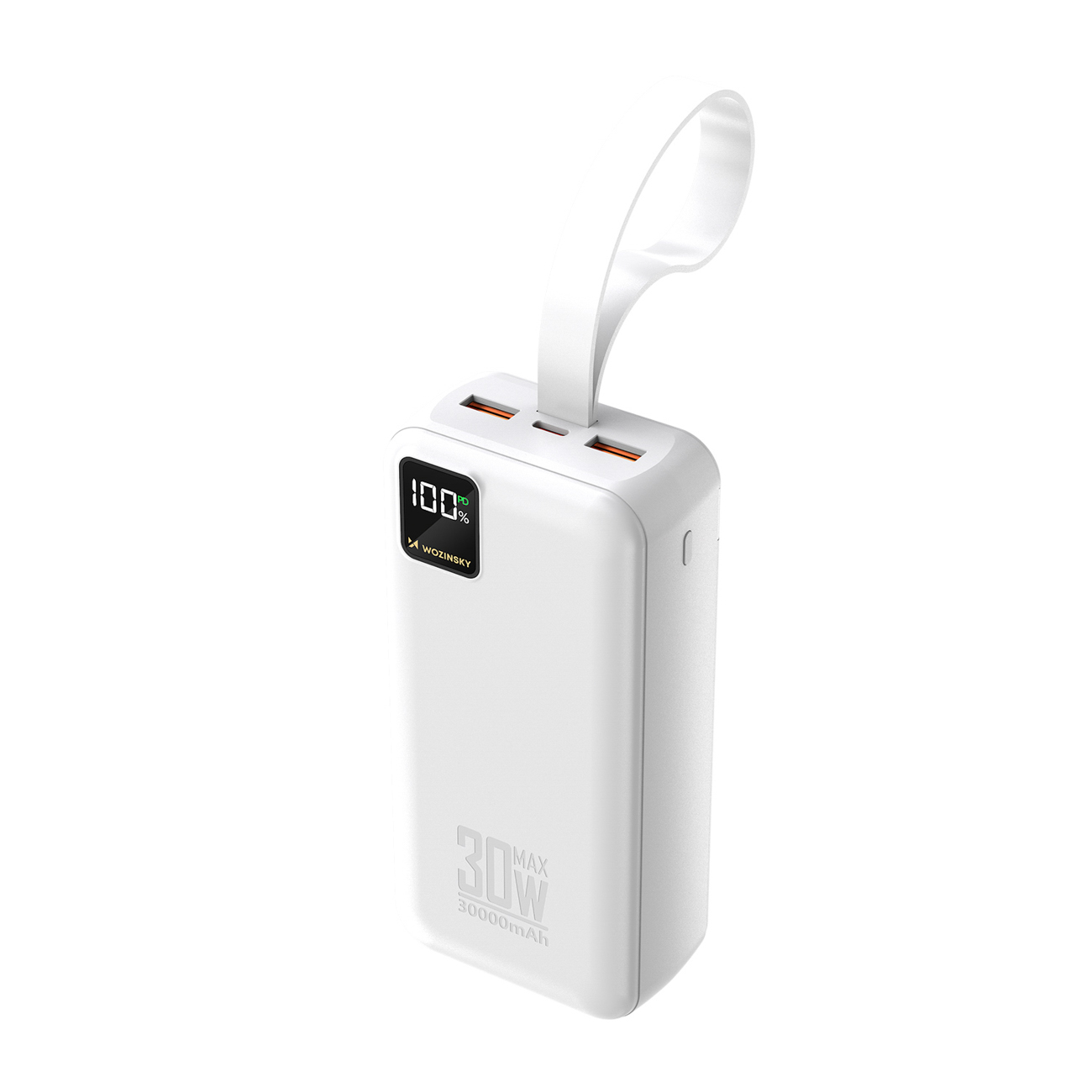 Wozinsky W8-W 30000mAh 30W išorinė baterija, 2x USB-A, USB-C, su žibintuvėliu, balta