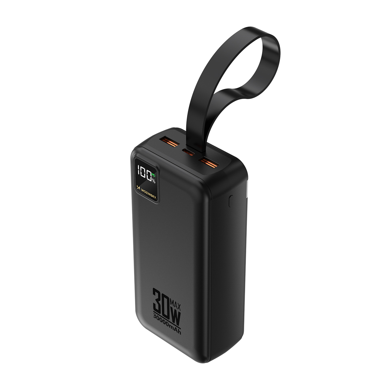 Wozinsky W8-W 30000 mAh 30W išorinė baterija, 2x USB-A, USB-C, su žibintuvėliu, juoda