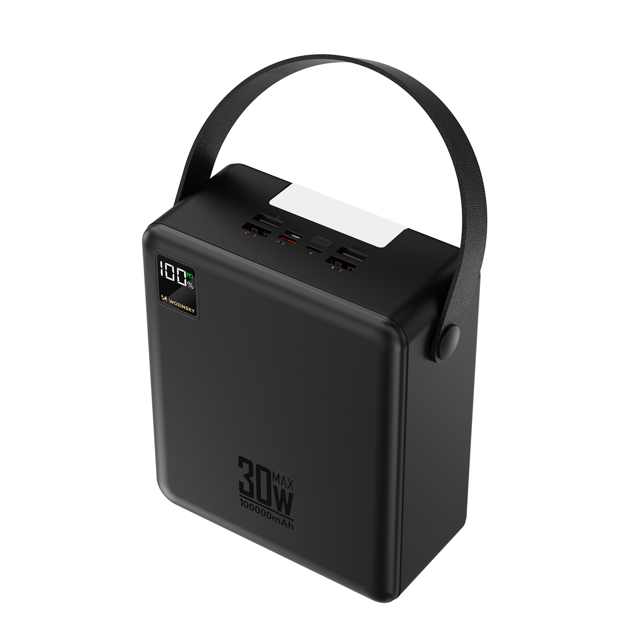 Внешний аккумулятор Wozinsky W8-B 100000mAh 30W, 2xUSB-A, 2xUSB-C, с фонариком, черный