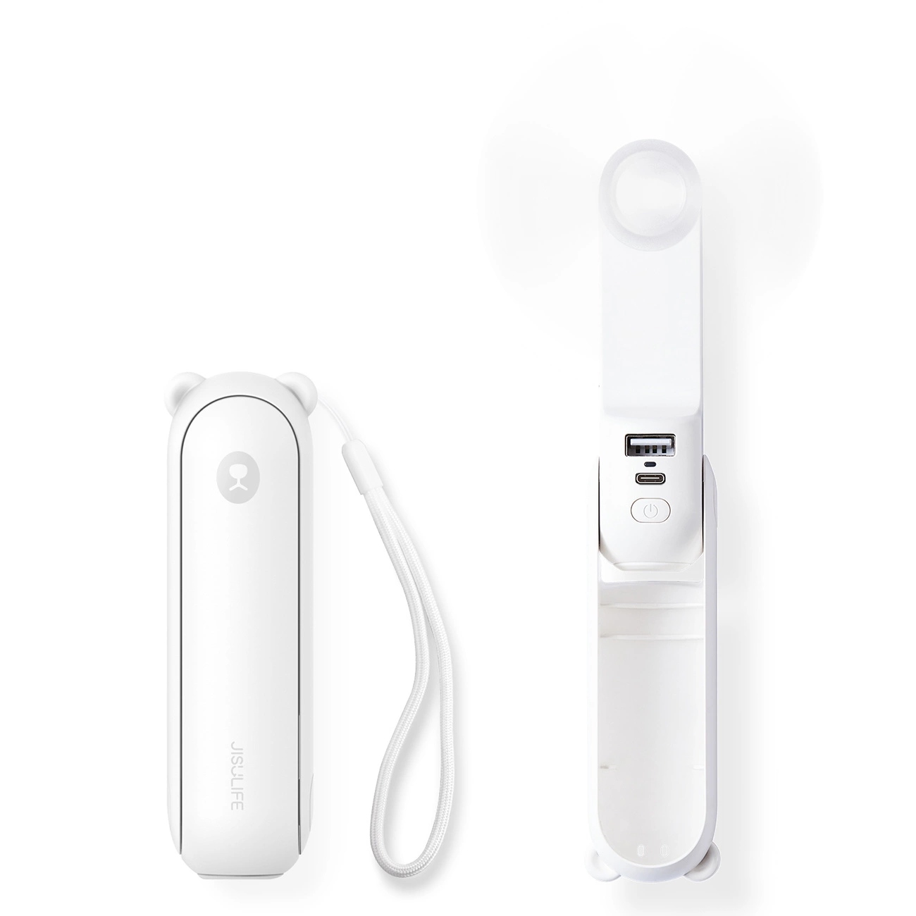 Jisulife Life8 Plus nešiojamasis rankinis USB ventiliatorius su išorinės baterijos funkcija ir žibintuvėliu, 4500 mAh, baltas