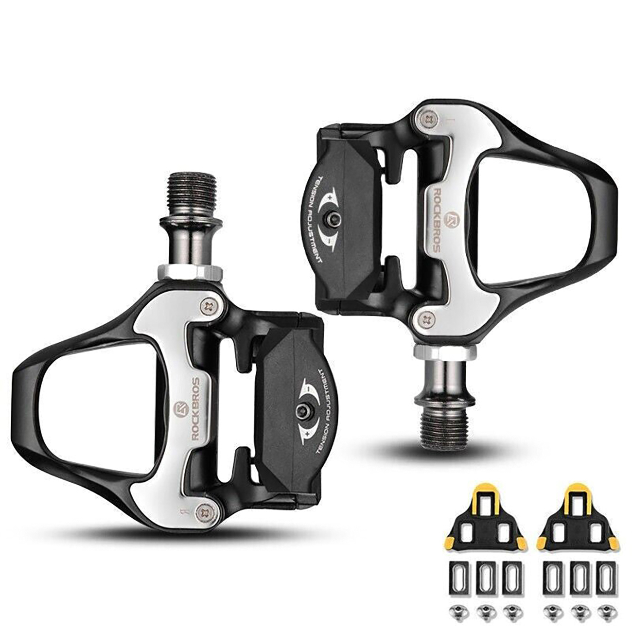 Rockbros LP-RD2BK Shimano SPD-SL plento pedalai su geltonomis plokštelėmis – spalva: juoda ir sidabrinė