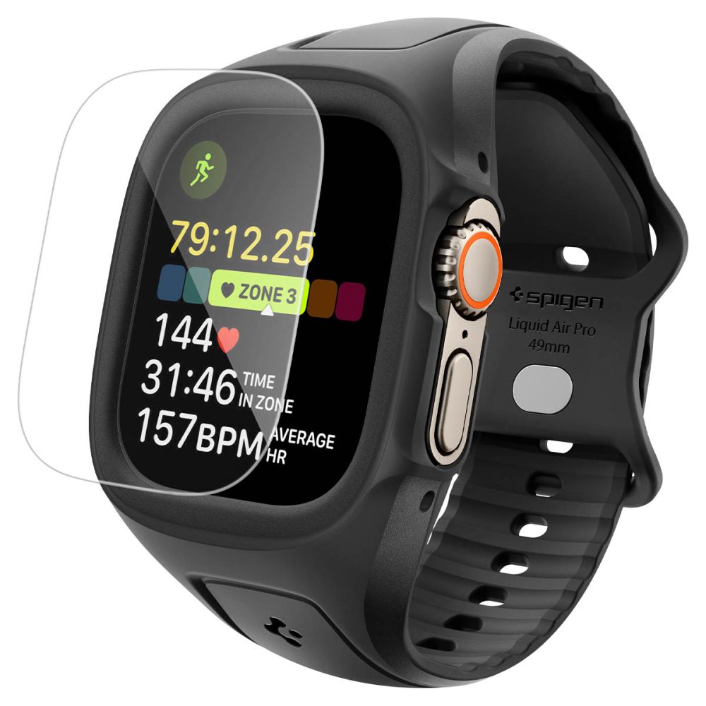Spigen Liquid Air Pro dėklas su dirželiu ir 9H grūdintas stiklas Apple Watch Ultra 49 mm, juodi