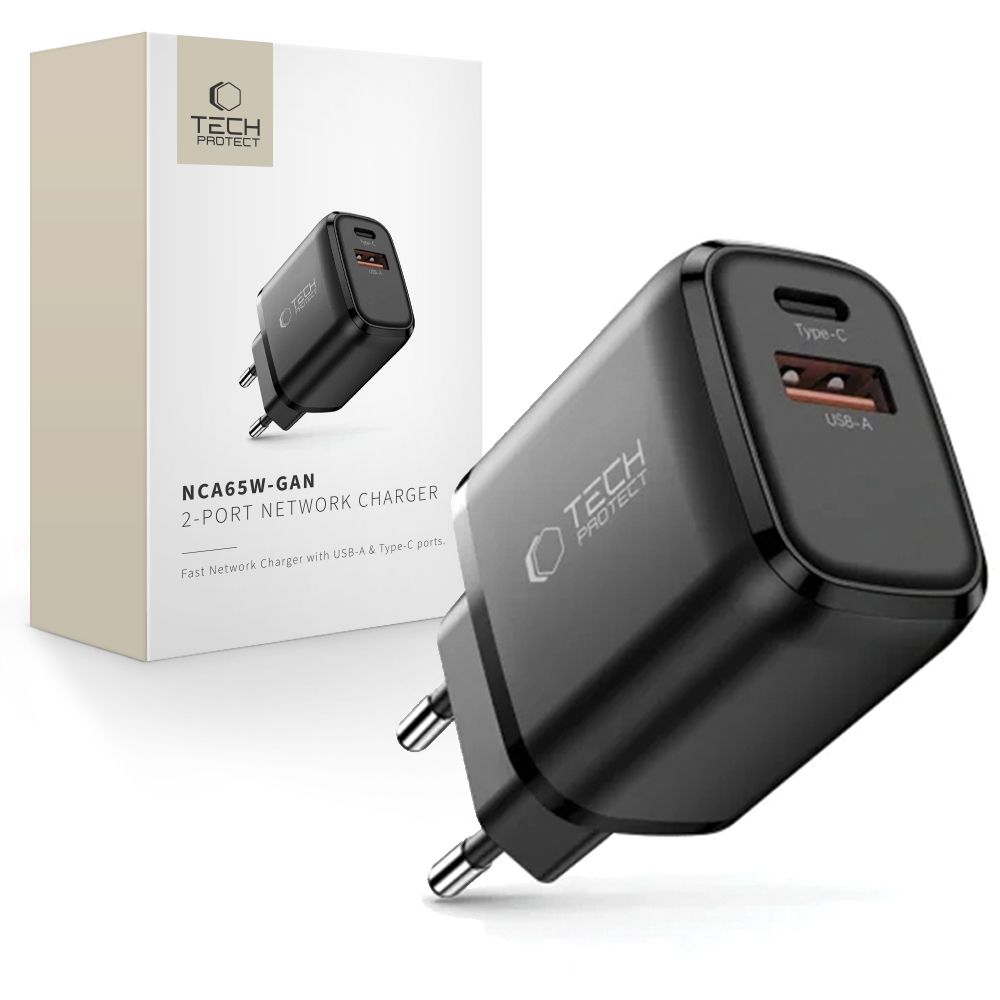 Tech-Protect NCA65W-GAN PD 65 W / QC3.0 2 jungčių sieninis įkroviklis, juodas