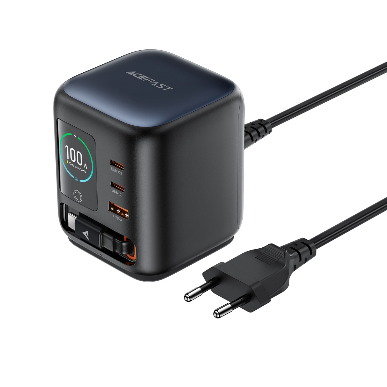 Acefast Z10 GaN 100 W 3 × USB stalinis įkroviklis su ištraukiamu USB-C laidu ir TFT ekranu, juodas