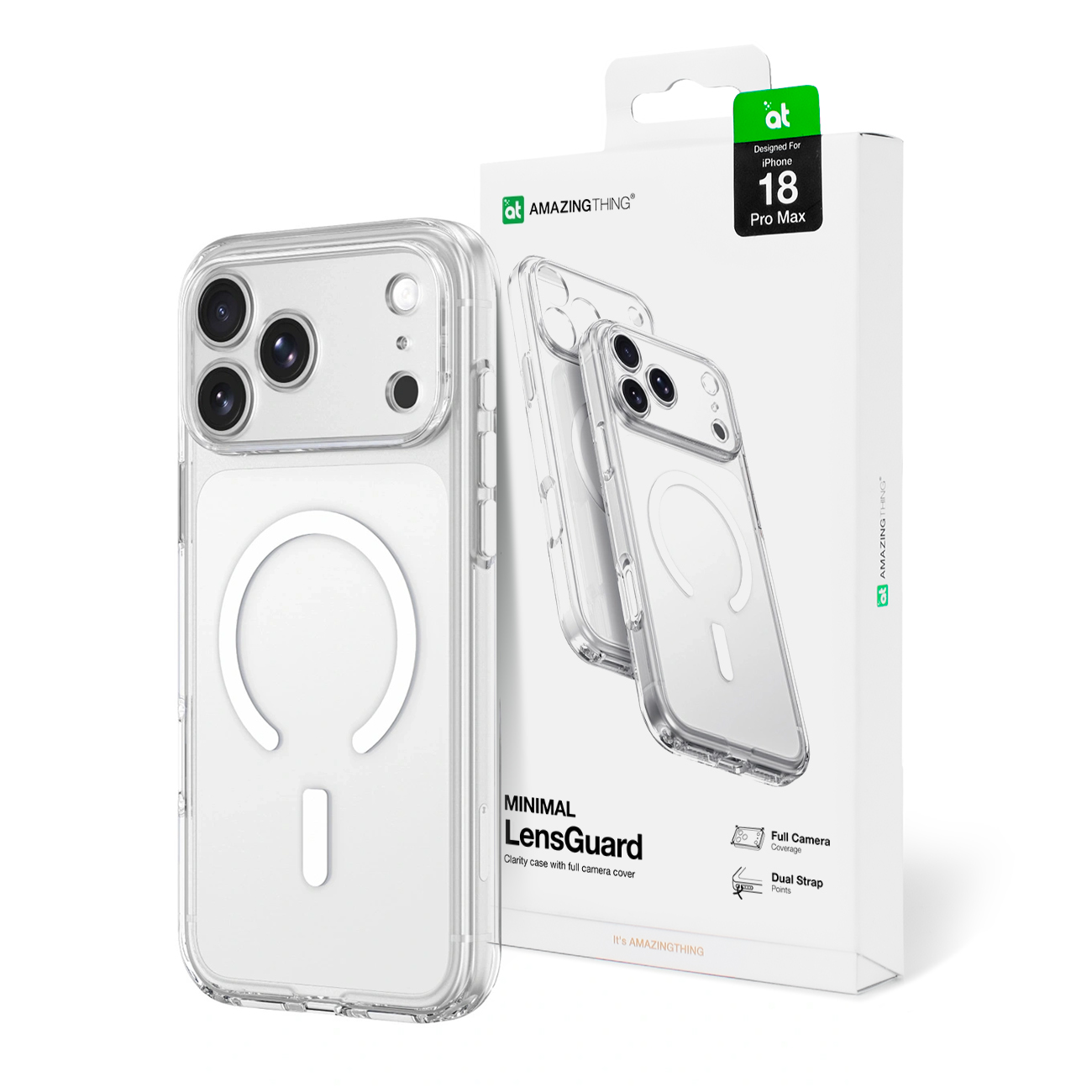 AmazingThing Minimal Mag Lens dėklas, skirtas iPhone 18 Pro Max, su kameros apsauga ir dirželio tvirtinimu, suderinamas su MagSafe – spalva: skaidri