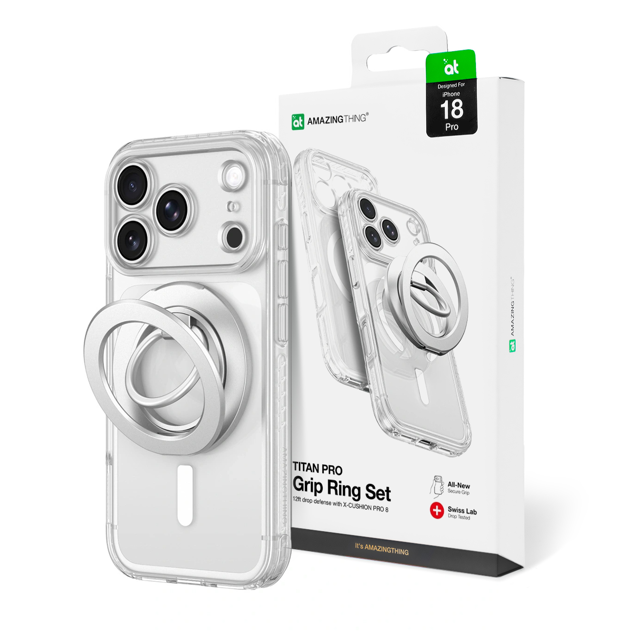 AmazingThing Titan Pro Lens Ring Set dėklas, skirtas iPhone 18 Pro, su kameros apsauga ir magnetiniu žiedu, suderinamas su MagSafe – spalva: skaidri